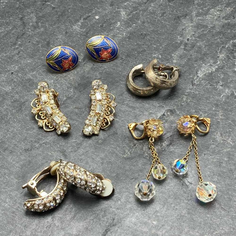 CLIP-ON Women’s Vintage Bundle 5x pairs earrings silver gold cloisonné